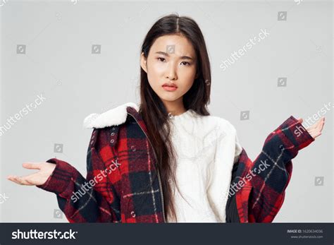 Woman Unbuttoned Jacket White Tshirt Gesticulates Stock Photo