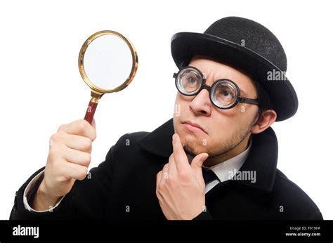 Detective with magnifying glass isolated on white Stock Photo - Alamy