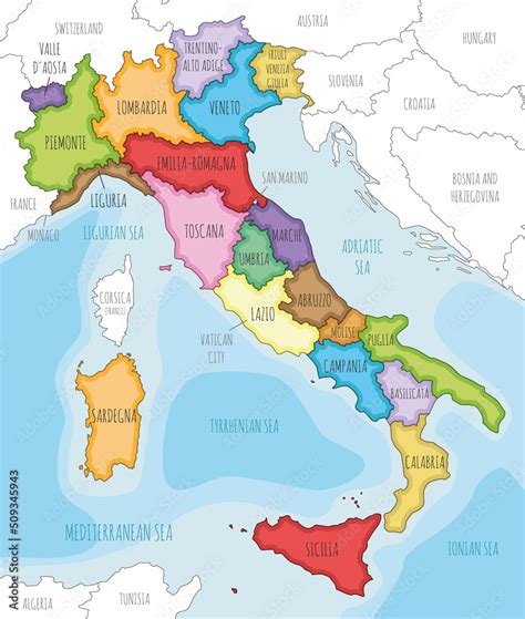 Vector Illustrated Map Of Italy With Regions And Administrative