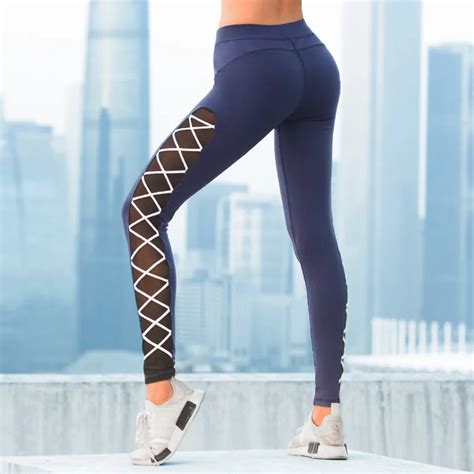 Women Sexy Side Strappy Mesh Yoga Pants Elastic Ankle Length Running