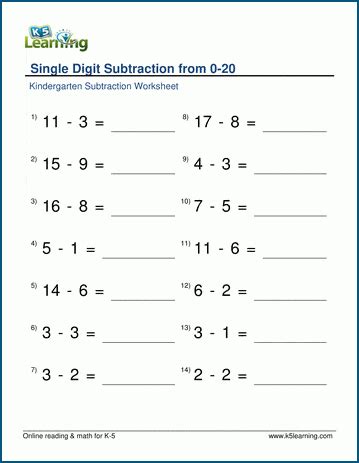 Subtract within 20 worksheets | K5 Learning