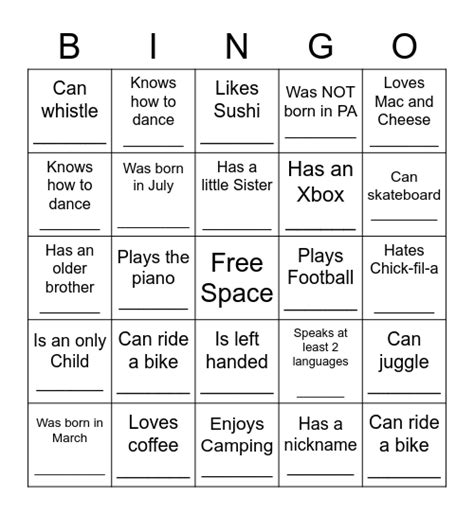 Youth Human Bingo Card