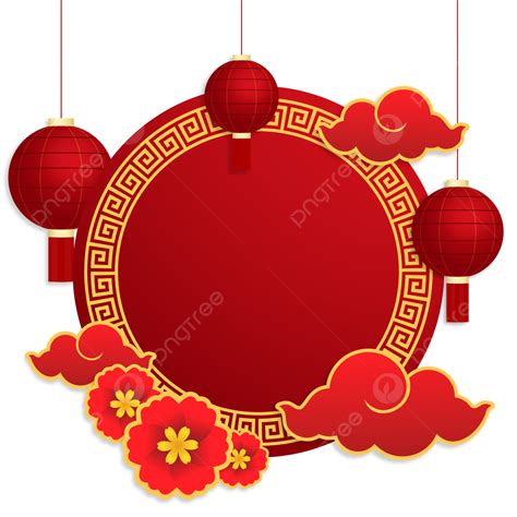 red chinese new year decoration with gold border lantern flower and clouds chinese new year