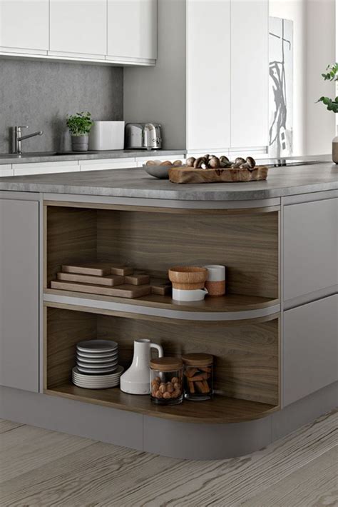 Curved Open Shelving In 2020 Curved Kitchen Curved Kitchen Cabinets