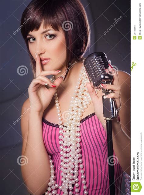 Beautiful Singer Singing With A Retro Microphone Stock Image Image Of
