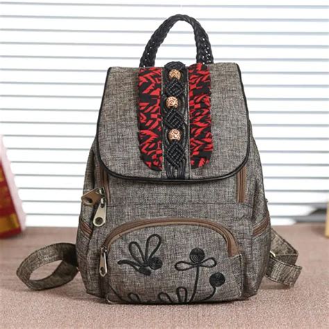 Chinese Style Flowers Embroidered Schoolbag For Girls Teenage Weave