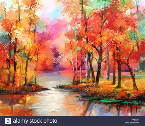 Oil Painting Colorful Autumn Trees Semi Abstract Image Of