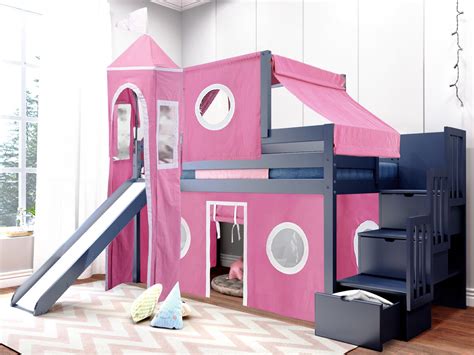 The durable wax finish on the entire product protects the surfaces from abrasion and embodies high quality. JACKPOT! Princess Low Loft Stairway Bed with Slide Pink ...