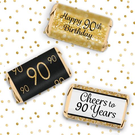 Black And Gold 90th Birthday Party Mini Candy Bar Stickers Set Of 54