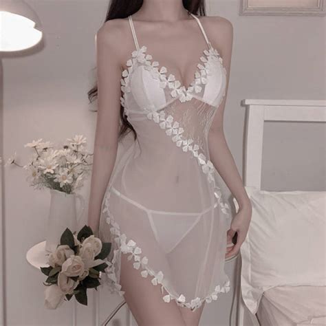 Sexy Gauze See Through Seductive Flower Backless Solid Color Suspenders Nightdress Gown Womens