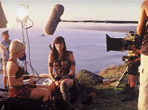 Renée OConnor and Lucy Lawless on the set of Xena Warrior Princess created by John Schulian