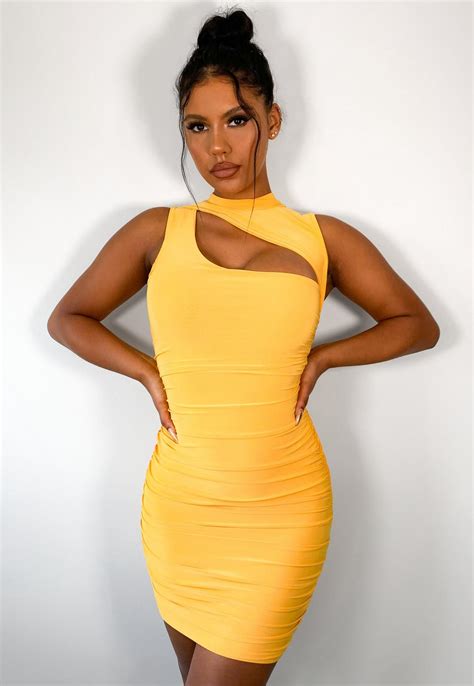 Yellow Slinky High Neck Cut Out Mini Dress Missguided