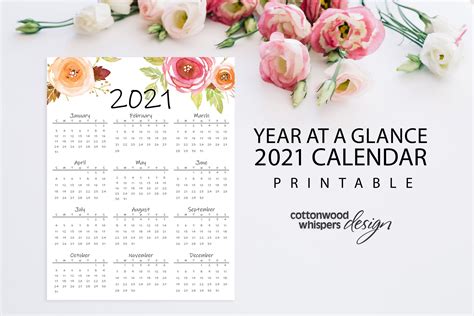 Year At A Glance Calendar 2021 Printable Calendar Letter Etsy In 2021