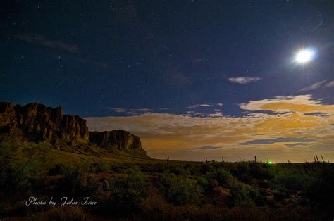 Superstition Mountains At Night With Moon And Stars