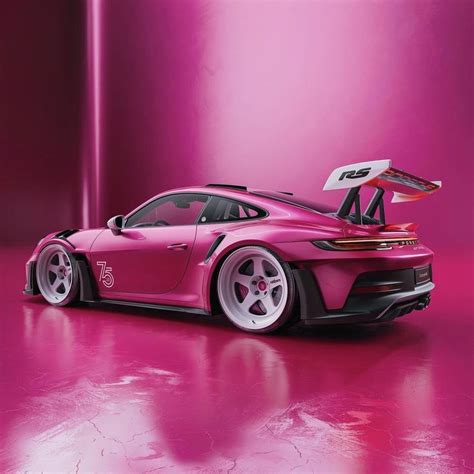 A Pink Porsche Sports Car Parked In Front Of A Purple And Red Wall With An Antenna On Top