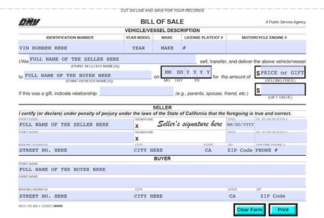 California Vehicle Bill Of Sale