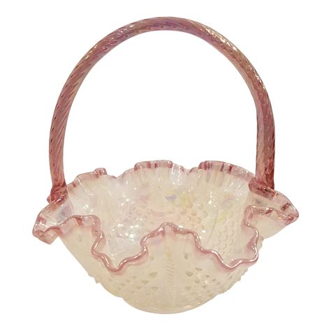 Vintage Fenton Art Glass Hobnail Basket With Pink Twisted Handle And Pink Ruffled Edge Chairish