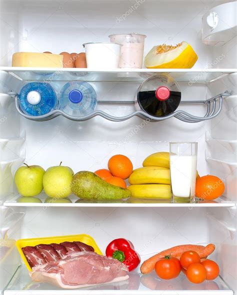 Open Fridge Full Of Fruits Vegetables And Meat — Stock Photo