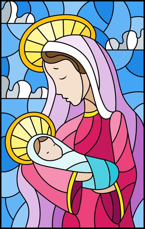Stained Glass Illustration On Biblical Theme Jesus Baby With Mary