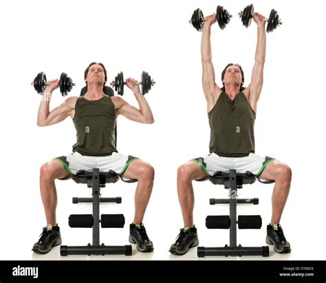 Dumbbell Shoulder Press Exercise Studio Shot Over White Stock Photo