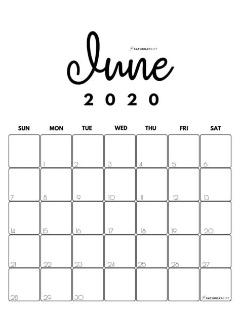 Cute And Free Printable June 2020 Calendar Saturdayt