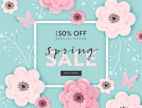 Spring Sale Banner Background With Paper Cut Flowers Spring Discount