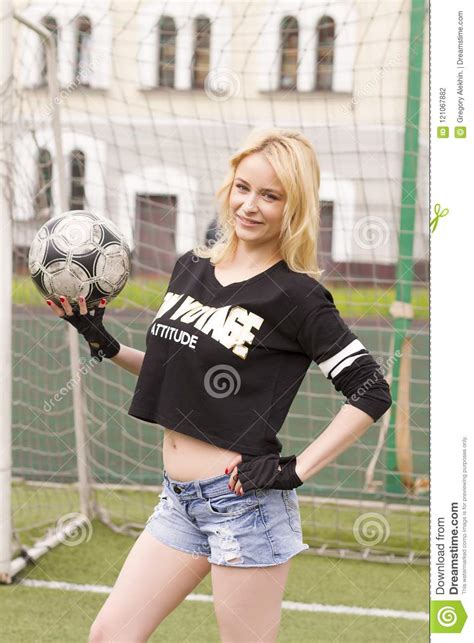Beautiful Blonde With A Ball At The Football Goal Stock Photo Image Of Beautiful Attractive