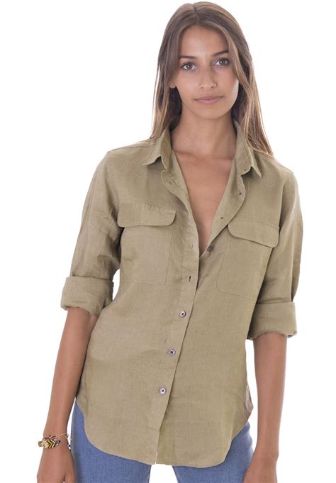 Lete Khaki Relaxed Linen Shirt With Pockets Linen Shirts Women