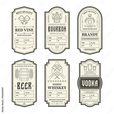 Various Vintage Alcohol Bottle Labels Set Geometric Gin Bourbon
