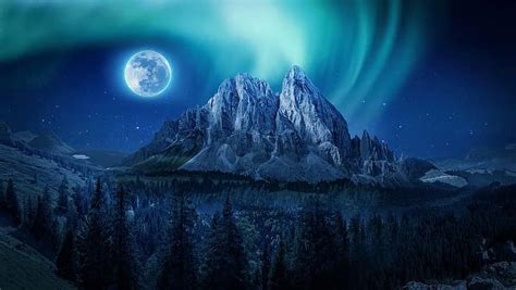 Mountain Aurora Moon Night Northern Lights Landscape Night Sky