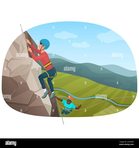Two Multi Ethnic Climbers Climbing On The Rock Vector Illustration