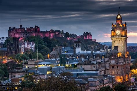 Edinburgh Castle And Cityscape At Night In Scotland Uk Stock Photo