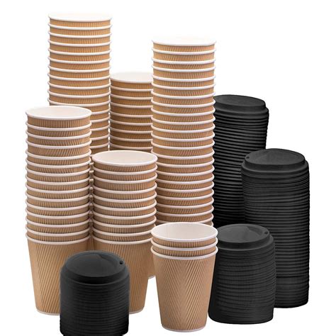 Nyhi Set Of 100 Brown Disposable Paper Cups With Black Lids 8 Oz Ripple Insulated Kraft For