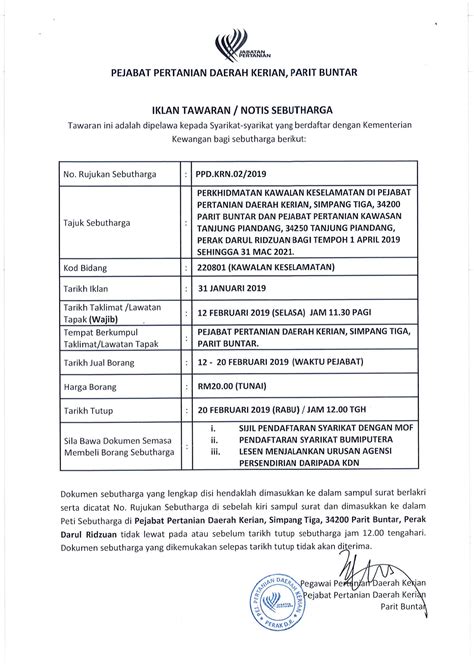 Tender kali kedua cadangan perkhidmatan membekal, menyedia dan menghidang makanan bermasak islam di kolej mara banting, selangor sesi cadangan perkhidmatan kawalan keselamatan (16/24 jam) tanpa senjata di 10 buah giatmara negeri johor sesi 2017/2019. Pelawaan tawaran sebutharga perkhidmatan kawalan ...