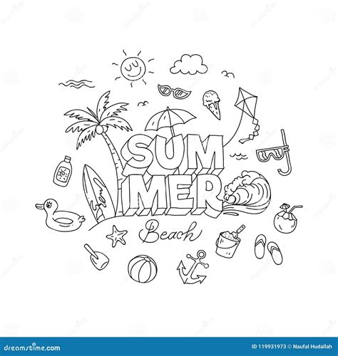 Summer Time Doodle Art With Beach Holiday Object Illustration Black