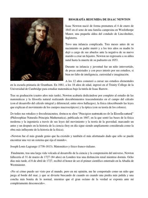 BiografÍa Resumida De Isaac Newtondocx Isaac Newton Física Y