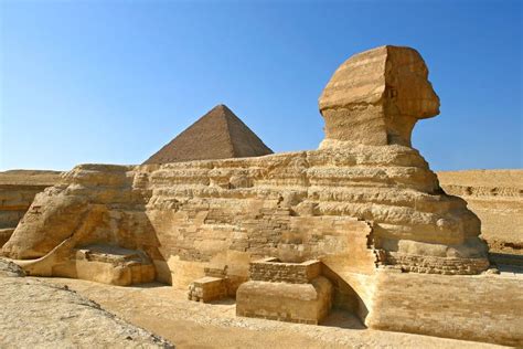 Great Sphinx Of Giza With Khafre Pyramid Cairo Egypt Stock Image