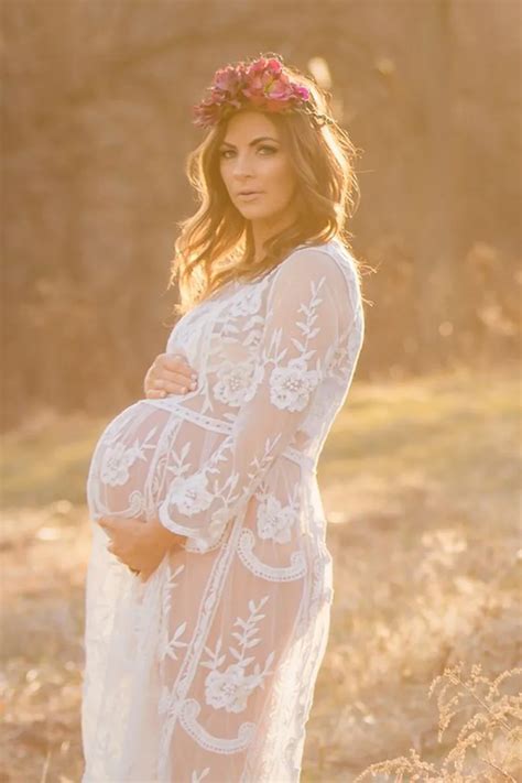 Maternity Photo Photo Dress Embroidered Mesh Hook Flower Seven Point Sleeve Holiday Pregnant