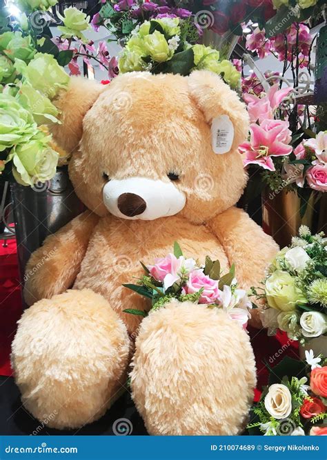 A Teddy Bear With Flowers On The Counter In The Store Stock Image
