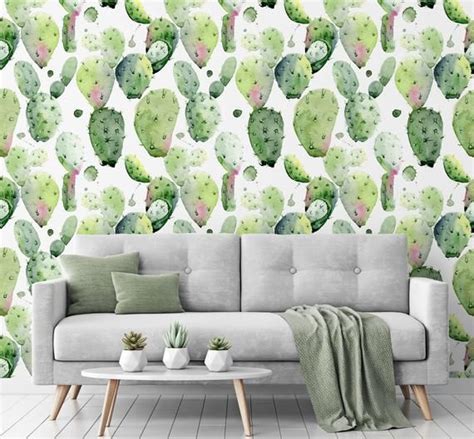 Watercolor Cacti Repositionable Wallpaper Peel And Stick Etsy