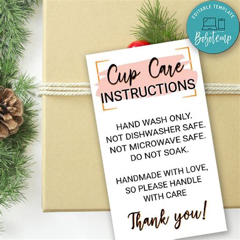 Cup Care Instructions Card Printable Customizable Diy Bobotemp