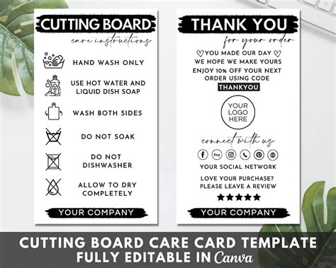 Cutting Board Care Card Template Editable Chopping Board Care