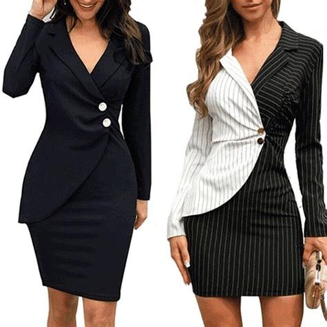 autumn dress women office lady sexy solid turn down neck long sleeve buttons bodycon work formal