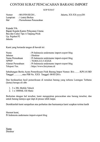 Contoh Surat Permohonan Pencacahan Barang Impor Indonesia Undername