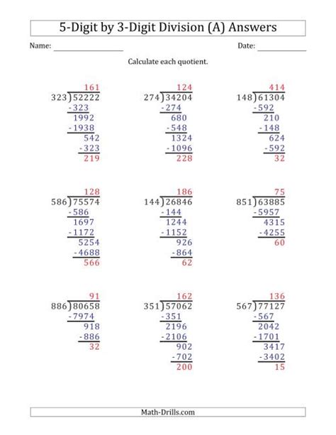 5 Digit By 3 Digit Long Division With Remainders And Steps Shown On