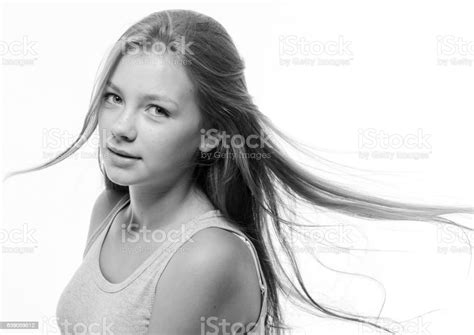 Teenager Girl Woman Female Portrait Freckles Face Black And White Stock