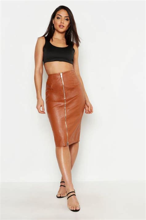Pu Leather Look Zip Front Midi Skirt Boohoo In 2020 Faux Leather Midi Skirt Shiny Skirts