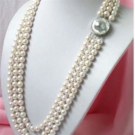 Rows Mm Natural White Freshwater Cultured Pearl Necklace Round