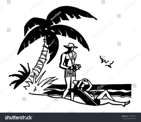 Tourists On Tropical Beach Retro Clip Art Illustration