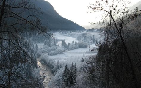 Nature Landscape Winter River Valley Mountains Snow Forest Field Trees